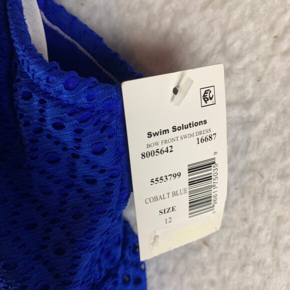 Swim Solutions Women's Bow Front Sleeveless Crochet Cobalt Blue Swim Dress Sz 12 - Picture 4 of 11